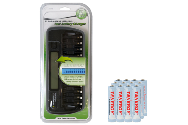 12 Bay AA / AAA LCD Battery Charger + 12 AAA Tenergy NiMH Rechargeable Batteries (1000 mAh)