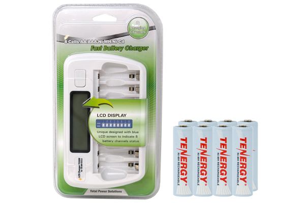 8 Bay AA / AAA LCD Battery Charger + 8 AA Tenergy NiMH Rechargeable Batteries (2500 mAh)