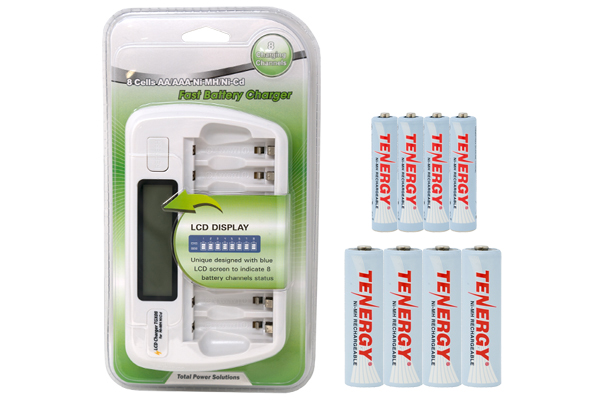 8 Bay AA / AAA LCD Battery Charger + 4 AAA (1000 mAh) + 4 AA (2500 mAh) Tenergy NiMH Rechargeable Batteries