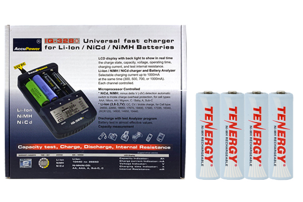 IQ-328 AA / AAA LCD Charger & 4 AA Tenergy NiMH Rechargeable Batteries (2500 mAh)