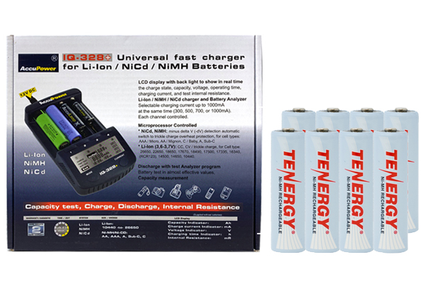 IQ-328 AA / AAA LCD Charger & 8 AA Tenergy NiMH Rechargeable Batteries (2500 mAh)