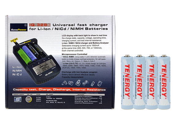 IQ-328 AA / AAA LCD Charger & 4 AAA Tenergy NiMH Rechargeable Batteries (1000 mAh)	