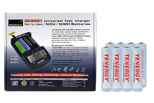IQ-328 AA / AAA LCD Charger & 8 AAA Tenergy NiMH Rechargeable Batteries (1000 mAh)	