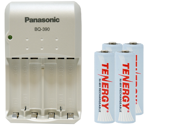 Panasonic BQ-390 Smart Battery Charger + 4 AA Tenergy NiMH Rechargeable Batteries (2500 mAh)