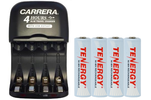AA / AAA NiMH Smart Slim Travel Charger with USB Plug & 4 AA Tenergy NiMH Rechargeable Batteries (2500 mAh)