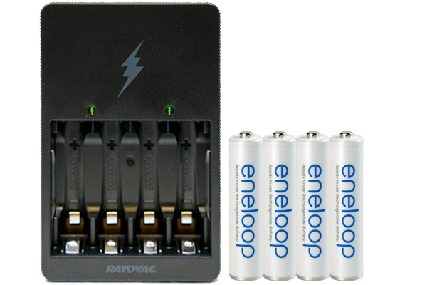Rayovac AA / AAA Compact Charger + 4 AAA NiMH Panasonic Eneloop Batteries (800 mAh) - Replacement for HR55AAA / HR65AAA / HR75AAA
