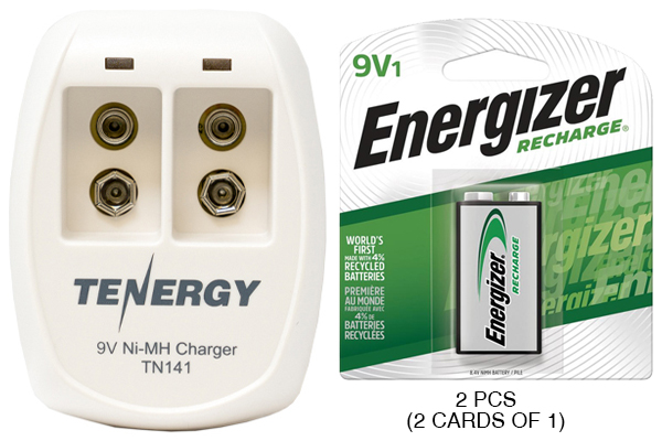 2 Bay 9 Volt Smart Battery Charger + 2 x 9 Volt Energizer Recharge NiMH Batteries (175 mAh)