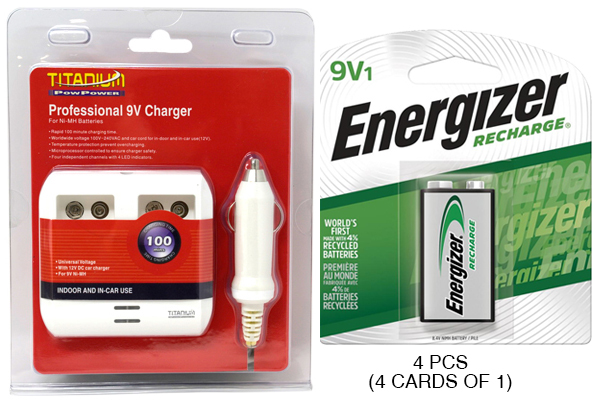 4 Bay 9 Volt Smart Charger + 4 x 9 Volt Energizer Recharge NiMH Batteries (175 mAh)