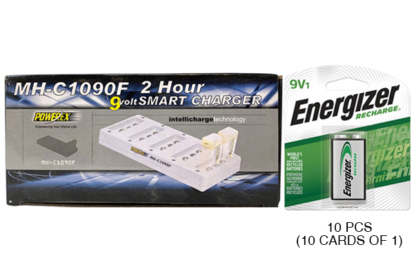 Powerex 10 Bay 9 Volt Charger + 10 x 9 Volt Energizer Recharge NiMH Batteries (175 mAh)