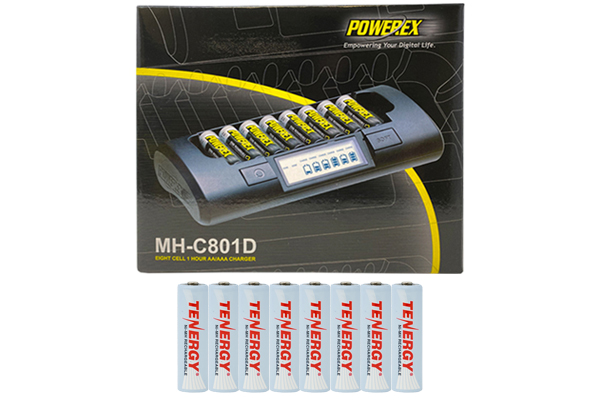 Powerex MH-C801D Eight Slot Smart Charger & 8 AA Tenergy NiMH Rechargeable Batteries (2500 mAh)