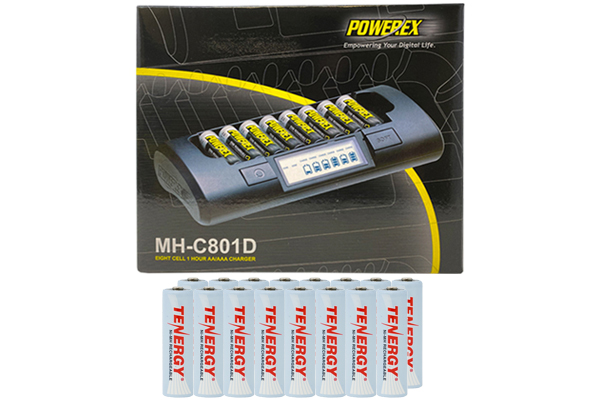 Powerex MH-C801D Eight Slot Smart Charger & 16 AA Tenergy NiMH Rechargeable Batteries (2500 mAh)