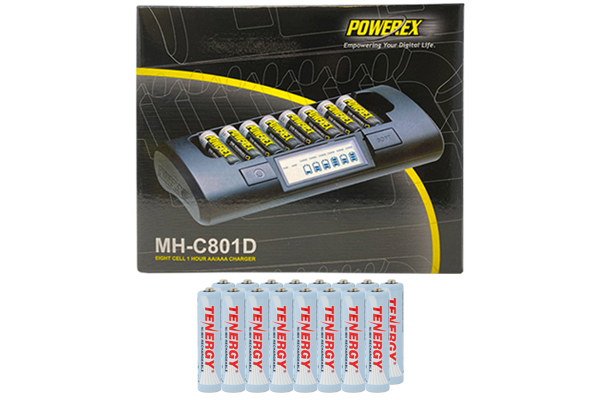 Powerex MH-C801D Eight Slot Smart Charger & 16 AAA (1000 mAh)Tenergy NiMH Rechargeable Batteries