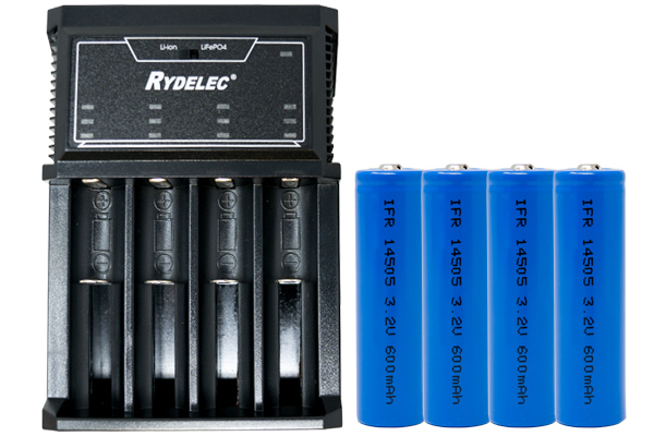 T4 4 Slot Smart Charger + 4 x AA 3.2 Volt 600 mAh LiFePO4 14500 Batteries (14mm x 50mm)