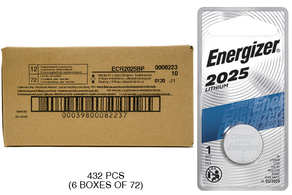 432 x CR2025 Energizer 3 Volt Lithium Coin Cell Batteries (On a Card)