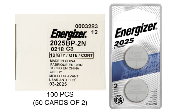 100 x CR2025 Energizer 3 Volt Lithium Coin Cell Batteries (50 Cards of 2)