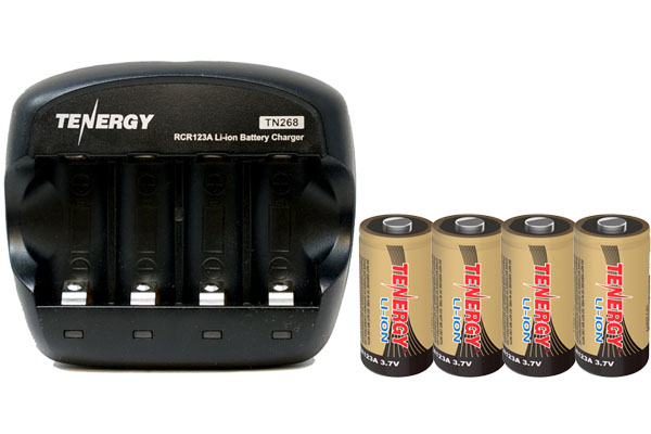 4 x Tenergy RCR123A (16340) 3.7 Volt Lithium Ion Batteries (650 mAh) + 4 Slot Smart Charger