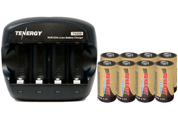 8 x Tenergy RCR123A (16340) 3.7 Volt Lithium Ion Batteries (650 mAh) + 4 Slot Smart Charger