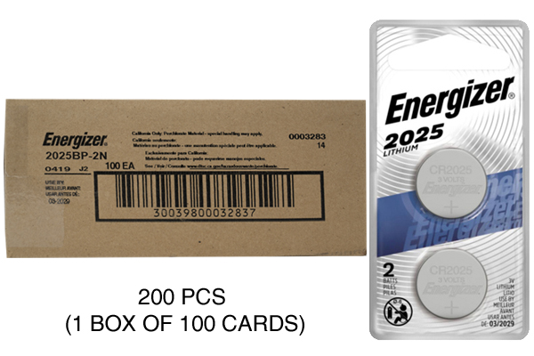 200 x CR2025 Energizer 3 Volt Lithium Coin Cell Batteries (100 Cards of 2)