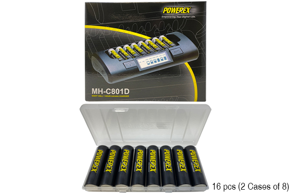 Powerex MH-C801D Eight Slot Smart Charger + 16 AA NiMH Powerex Rechargeable Batteries (2600 mAh) with Battery Case