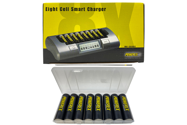 Powerex MH-C800S Eight Slot Smart Charger + 8 AA NiMH Powerex Rechargeable Batteries (2600 mAh) with Battery Case