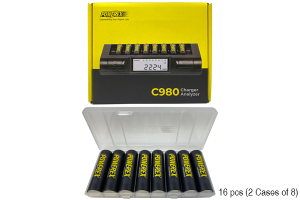 Powerex C980 Smart Charger + 16 AA NiMH Powerex Rechargeable Batteries (2600 mAh) with Battery Case