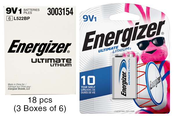 18 x 9 Volt Energizer Ultimate Lithium Batteries (L522)