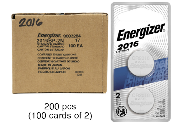 200 x CR2016 Energizer 3 Volt Lithium Coin Cell Batteries (100 cards of 2)