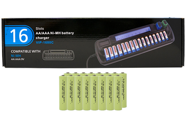 16 Bay AA / AAA LCD Battery Charger + 16 AAA NiMH Batteries (900 mAh)