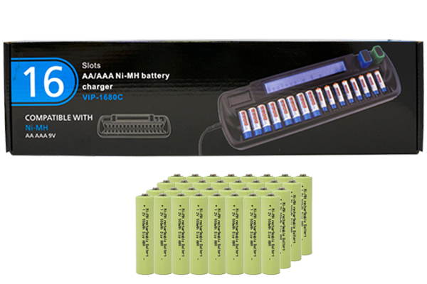 16 Bay AA / AAA LCD Battery Charger + 32 AAA NiMH Batteries (900 mAh)