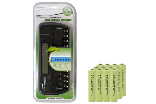 12 Bay AA / AAA LCD Battery Charger + 12 AAA NiMH Batteries (900 mAh)