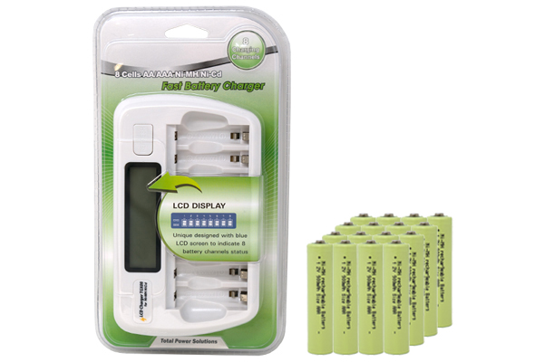 8 Bay AA / AAA LCD Battery Charger + 16 AAA NiMH Batteries (900 mAh)	