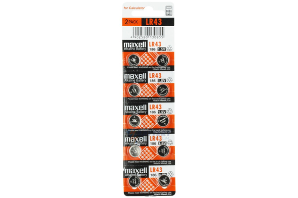 10 x LR43 / 186 Maxell Alkaline Button Batteries