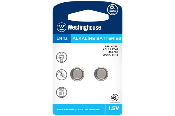 LR43 / AG12 Westinghouse Alkaline Button Batteries (2 Pack)