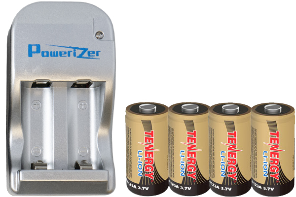 4 x Tenergy RCR123A (16340) 3.7 Volt Lithium Ion Batteries (650 mAh) + 2 Bay Powerizer Smart Charger