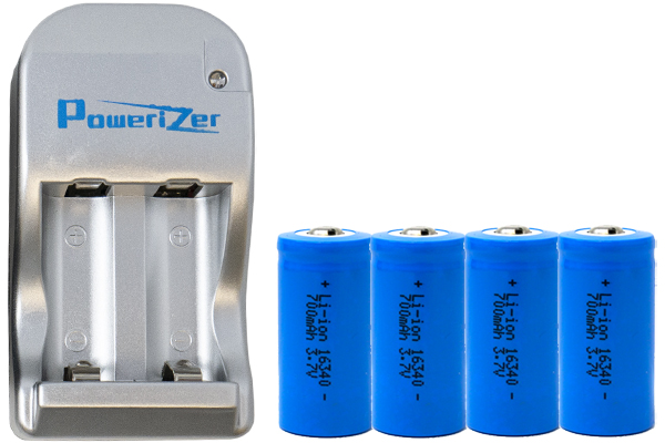 4 x RCR123 (16340)  3.7 Volt Lithium Ion Batteries (700 mAh) + 2 Bay Powerizer Smart Charger