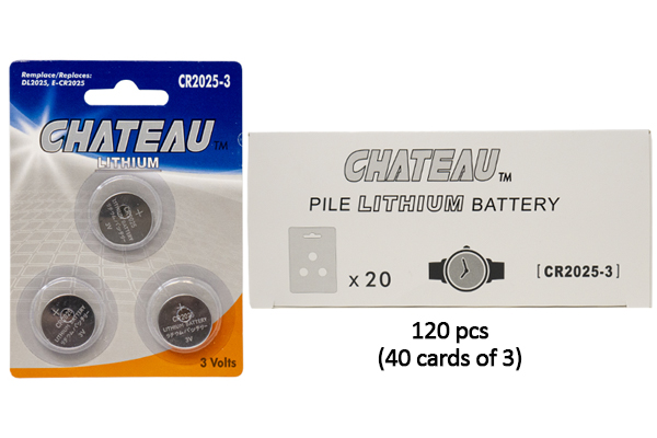 120 x CR2025 Chateau 3 Volt Lithium Coin Cell Batteries (40 Cards of 3)