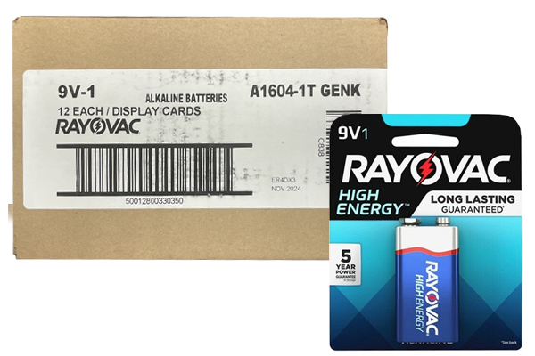 12 x 9 Volt Rayovac High Energy Batteries (Carded)